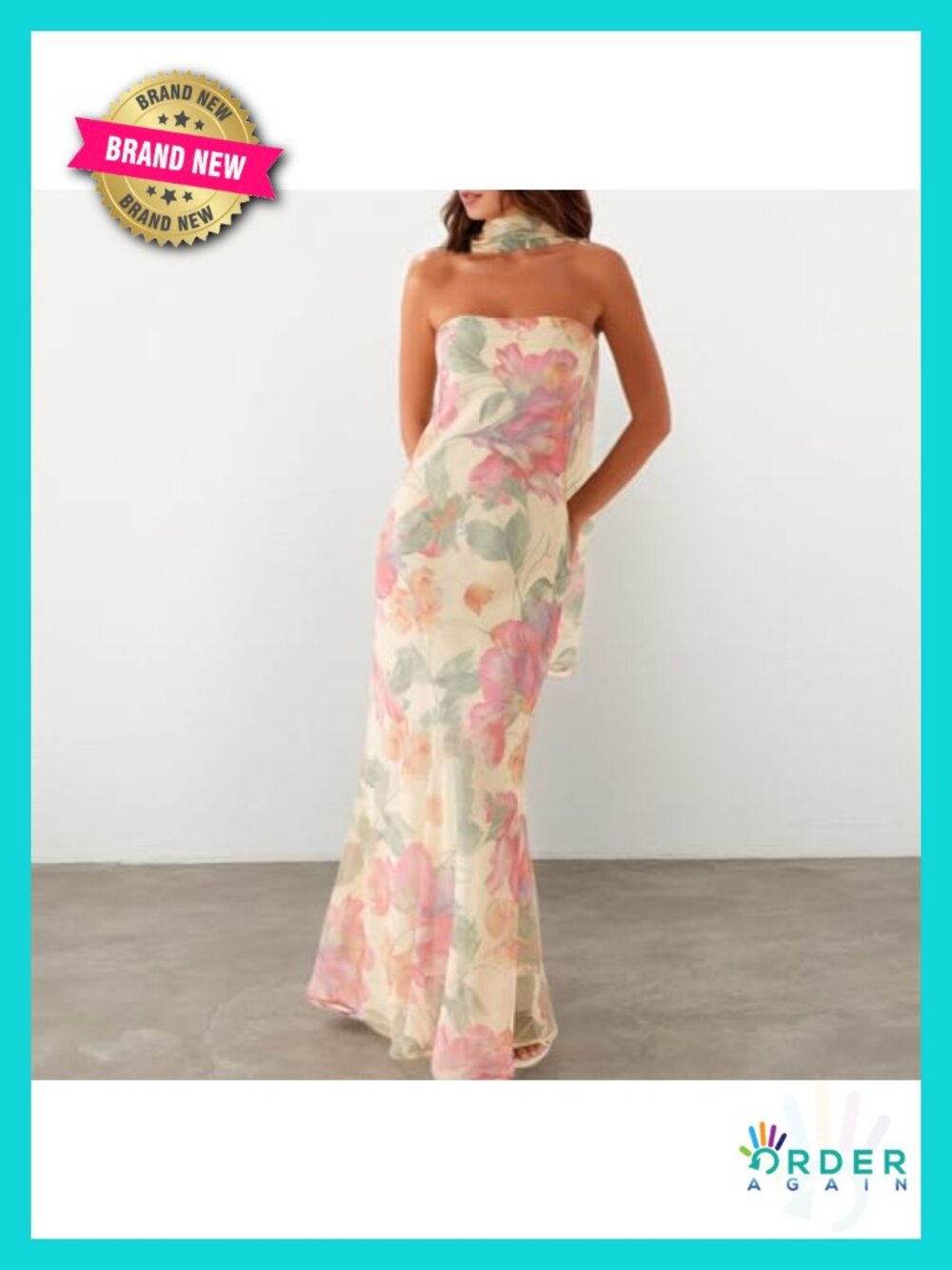 Y2K Floral Strapless Tube Maxi Dress w Scarf Mesh Bodycon Backless - Picture 5 of 6